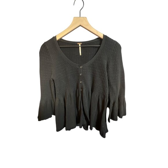 Free People M Black Textured Knit Button-Up Peplum Cardigan Top - Picture 1 of 4